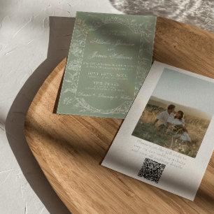 Salbeigrüne Florale Boho QR Code Foto Hochzeit Einladung