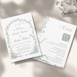 Salbeigrüne florale Gartenbogen-Hochzeit in einem Einladung