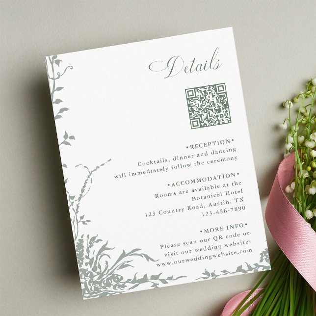 Salbeigrüne Florale Gartenhochzeit QR-Code-Details Begleitkarte (Von Creator hochgeladen)