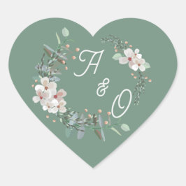 Salbeigrüne florale Hochzeitsetikett Herz-Aufkleber