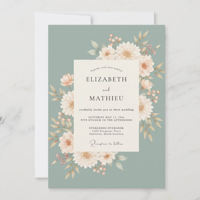 Salbeigrüne florale Kunst Hochzeit Einladung (Vorderseite)