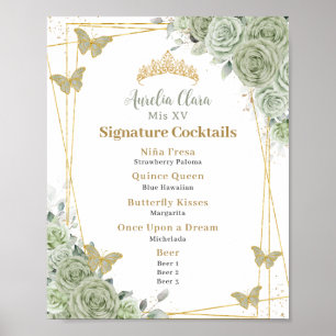 Salbeigrüne Florale Quinceanera-Signatur-Cocktails Poster