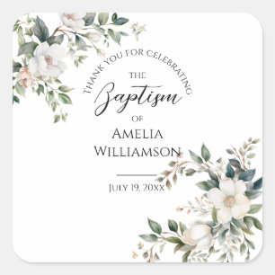 Salbeigrüne Florale Taufe Quadratischer Aufkleber
