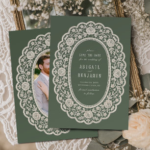 Salbeigrüne florale Vintage-Spitze klassische Hoch Save The Date