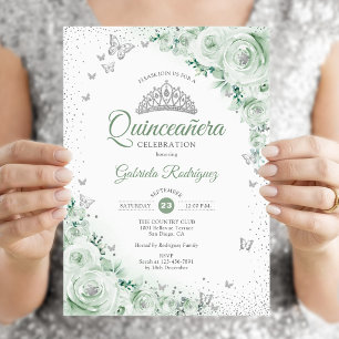 Salbeigrüne Florale Wasserfarben-Rosen Quinceanera Einladung