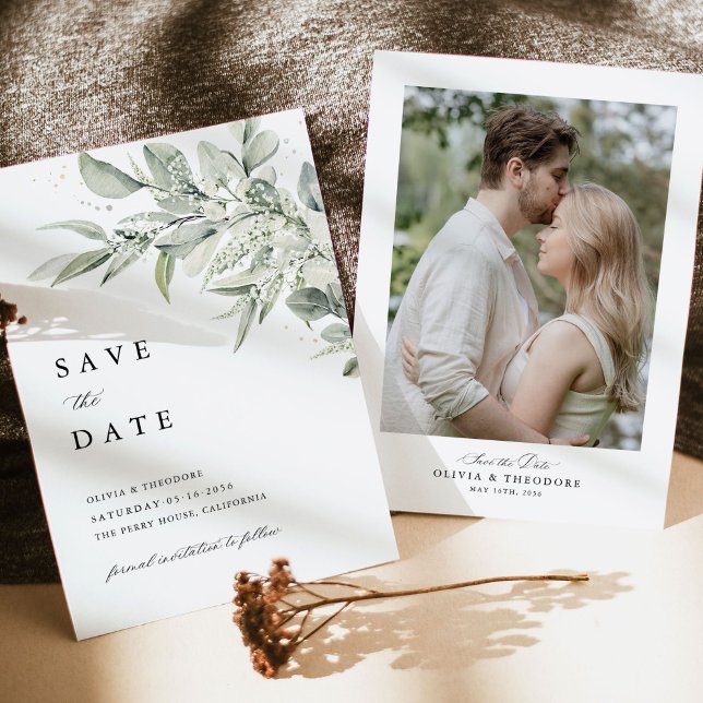 Salbeigrüne Foto-Botanical-Hochzeit Save The Date (Sage green botanical photo save the date card, modern classic wedding stationery, minimal elegant)