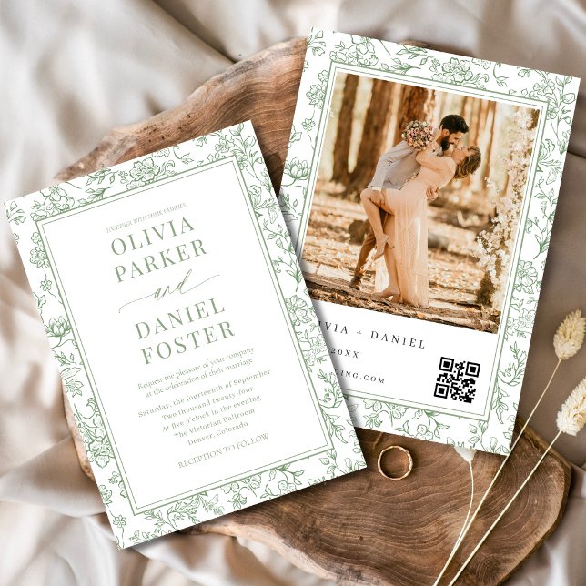 Salbeigrüne französische Blumen-Foto-QR-Code  Einladung (Von Creator hochgeladen)