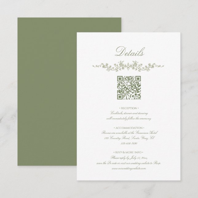 Salbeigrüne französische Blumenelemente mit QR-Cod Begleitkarte (Vorne/Hinten)
