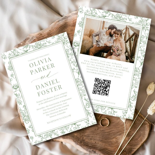 Salbeigrüne französische Floral-QR-Code-Toile Einladung (Von Creator hochgeladen)