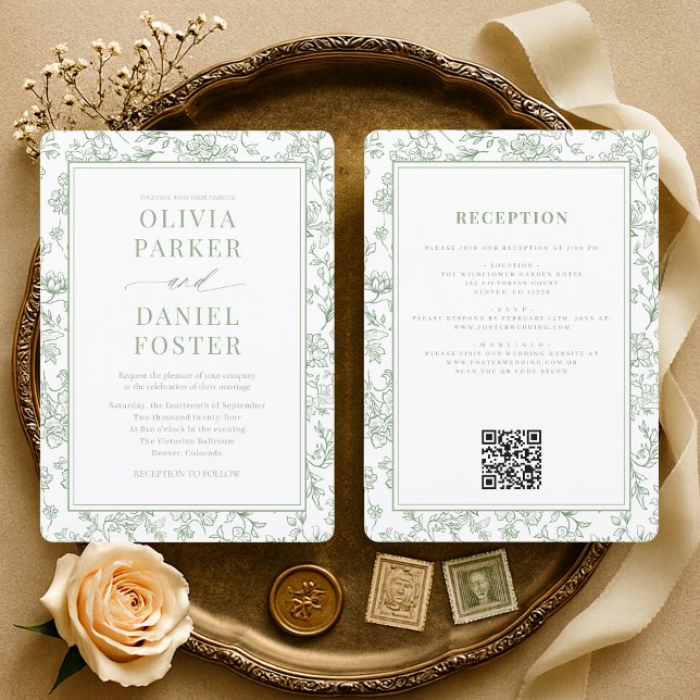 Salbeigrüne französische QR-Code-Blumenhochzeit Einladung (Von Creator hochgeladen)