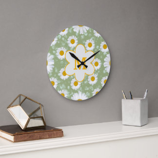 Salbeigrüne Gänseblümchen-Wildblumen-Monogramm Große Wanduhr