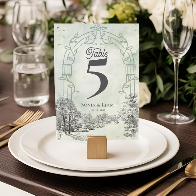 Salbeigrüne Gartenbogen-Hochzeitstischnummer Dankeskarte (Sage Green Garden Arch Wedding Table Number | Elegant Botanical Table Decor)