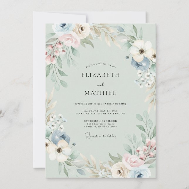 Salbeigrüne gedämpfte Anemone Hochzeit Einladung (Vorderseite)