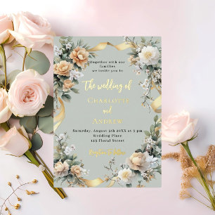 Salbeigrüne gelbe Blumen Goldene Hochzeit Folieneinladung