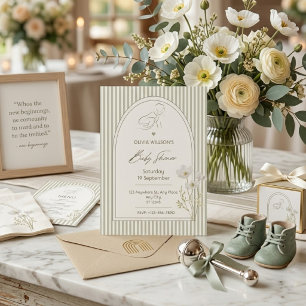 Salbeigrüne gestreifte florale Babyparty-Einladung Einladung
