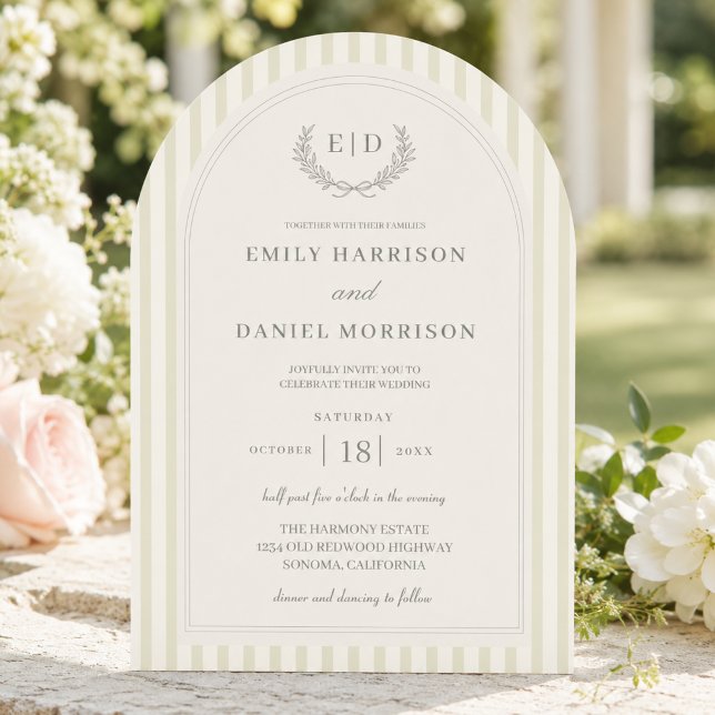 Salbeigrüne gestreifte Monogramm-Hochzeit Einladung (Von Creator hochgeladen)