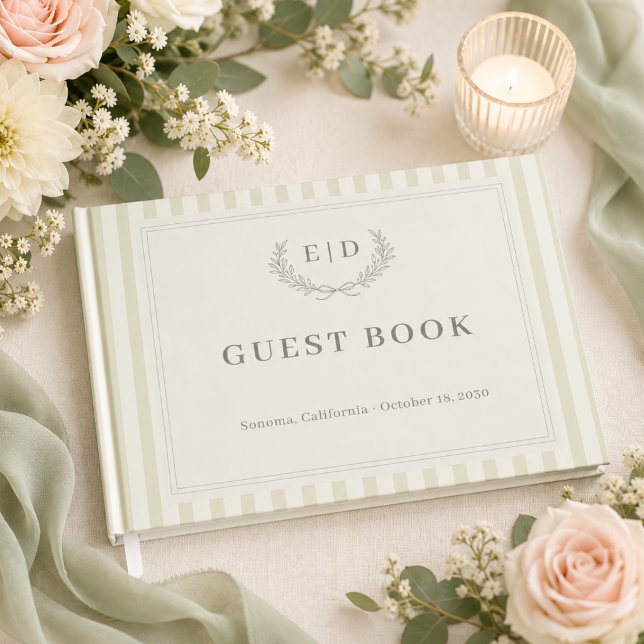 Salbeigrüne gestreifte Monogramm-Hochzeit Gästebuch (Von Creator hochgeladen)