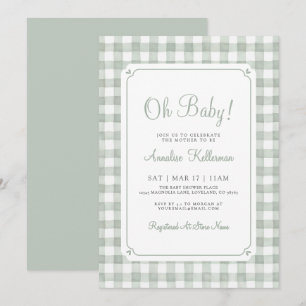 Salbeigrüne Gingham-Baby-Party Einladung
