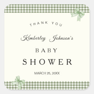 Salbeigrüne Gingham-Baby-Shower-Einladung & Schlei Quadratischer Aufkleber