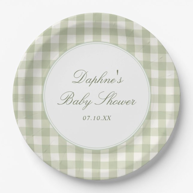 Salbeigrüne Gingham-Baby-Shower-Papierplatten Pappteller (Vorderseite)