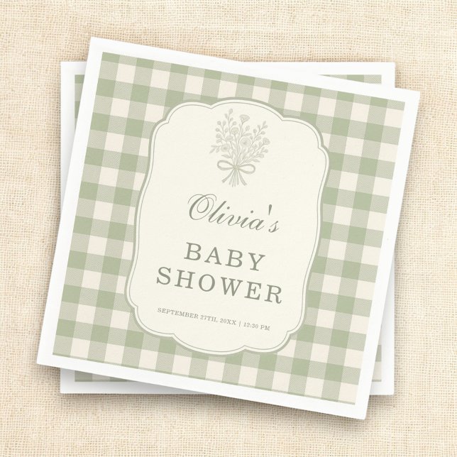 Salbeigrüne Gingham-Baby-Shower-Party Serviette (Von Creator hochgeladen)