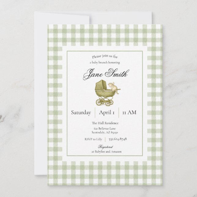 Salbeigrüne Gingham-Kätzchen-Baby-Party-Einladung (Vorderseite)