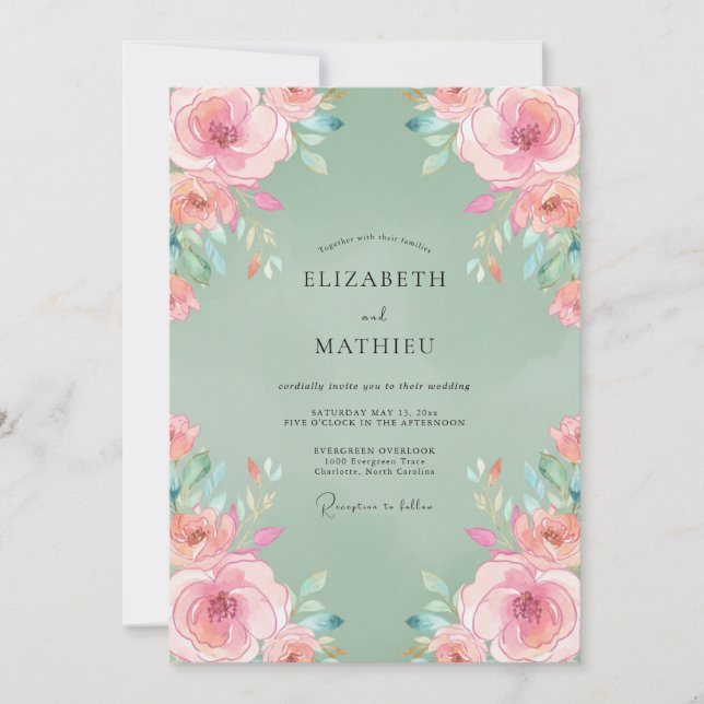Salbeigrüne glückliche Rosenhochzeit Einladung (Vorderseite)