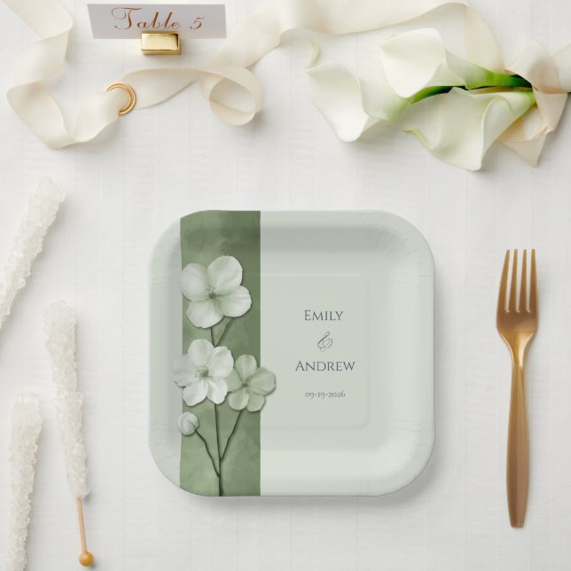 Salbeigrüne handgezeichnete florale botanische Hoc Pappteller (Hochzeit)
