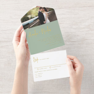 Salbeigrüne Handschrift-Typografie-Foto-Hochzeit All-in-One-Einladung