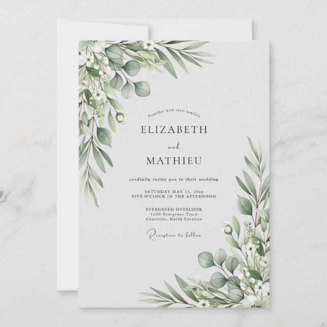 Salbeigrüne Hochzeit mit Laubwerk Einladung (Vorderseite)