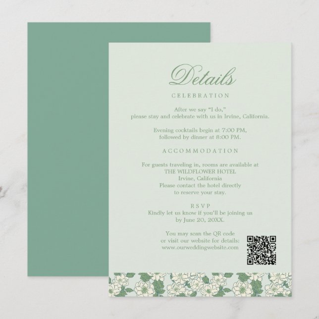 Salbeigrüne Hochzeitsinformationskarte Begleitkarte (Vorne/Hinten)