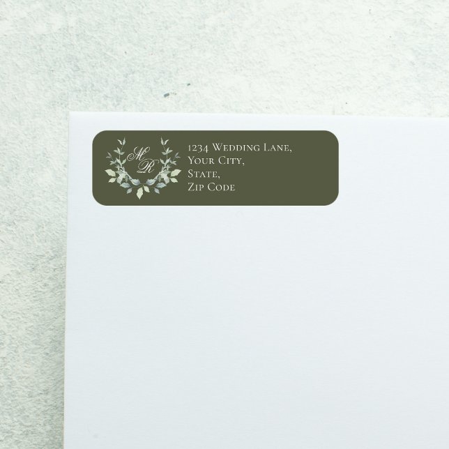 Salbeigrüne Hochzeitsmonogramm-Blumenschrift (Olive green floral crest monogram label with script text, modern minimalist wedding look)