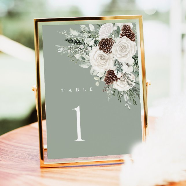 Salbeigrüne Hochzeitstisch-Nummer Winter Floral Pi (Sage Green Winter Floral Wedding Table Numbers, Pinecone White Rose Reception Table Number Sign)