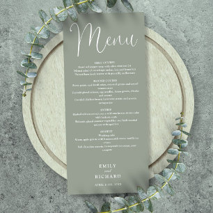 Salbeigrüne Kalligrafie-Hochzeitsschrift Menükarte