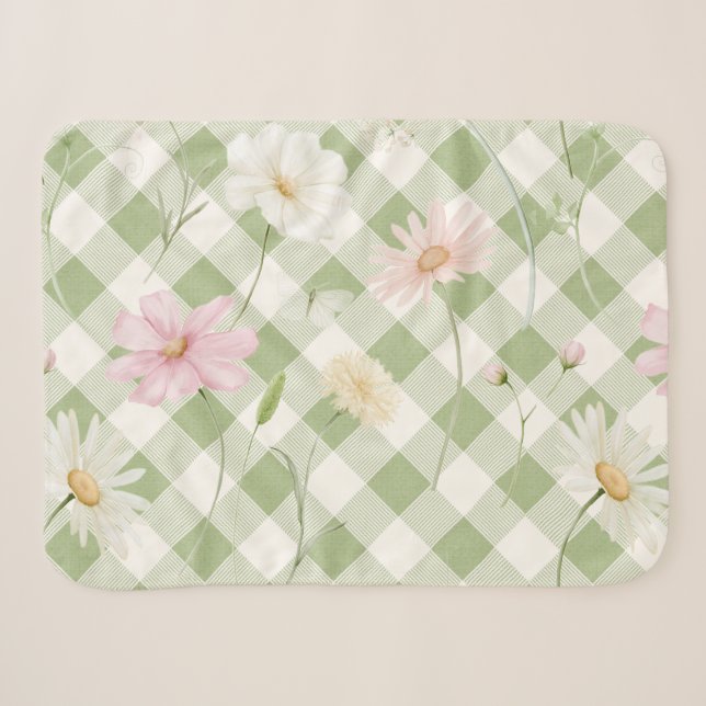 Salbeigrüne Karo-Blumenmuster Sherpadecke (Vorderseite (Horizontal))
