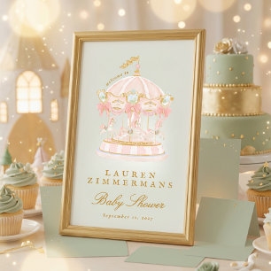 Salbeigrüne Karussell-Baby-Party-Willkommensschild Poster