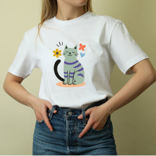 Salbeigrüne Katze Boho-Blumen Mid-Century-Art T-Shirt
