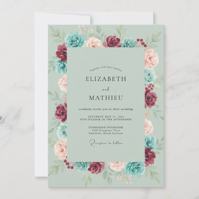 Salbeigrüne lebendige florale Hochzeit Einladung (Vorderseite)