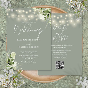 Salbeigrüne Lichterkette Blumen QR-Code Hochzeit Einladung