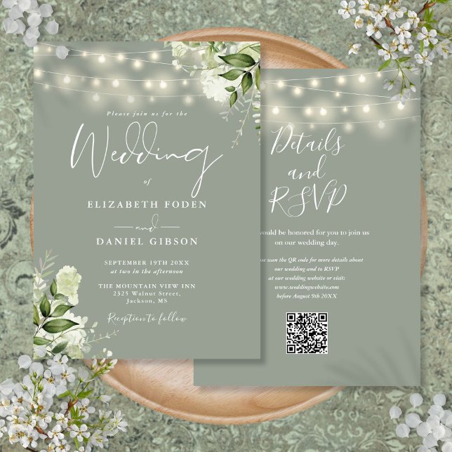 Salbeigrüne Lichterkette Blumen QR-Code Hochzeit Einladung (Sage Green String Lights Floral QR Code Wedding Invitation)