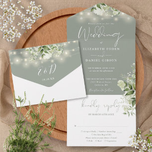 Salbeigrüne Lichterkette Grün Monogramm Hochzeit All In One Einladung