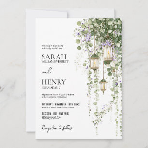 Salbeigrüne Lila Blumenlaternen-Hochzeit Einladung