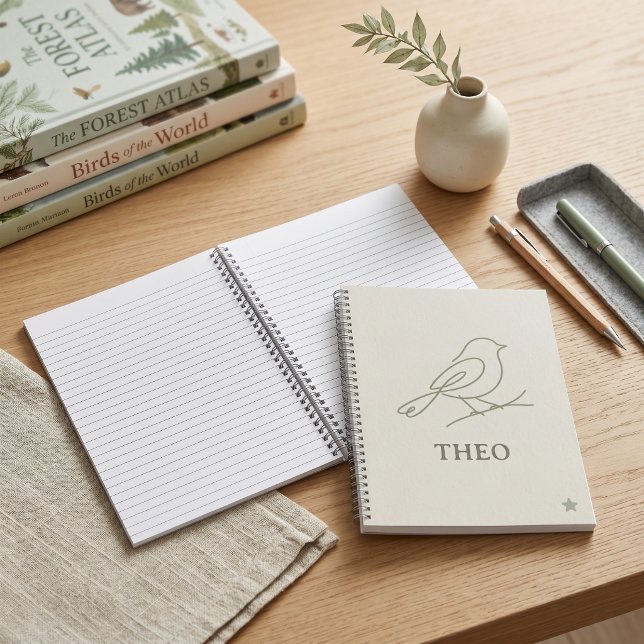 Salbeigrüne Linienkunst Vogel Kinder Name Schulbed Notizbuch (Sage Green Line Art Bird Kids Name School Supply Notebook)
