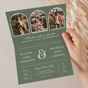 Salbeigrüne Minimal-Bogen-Foto-QR-Code-Hochzeit Einladung