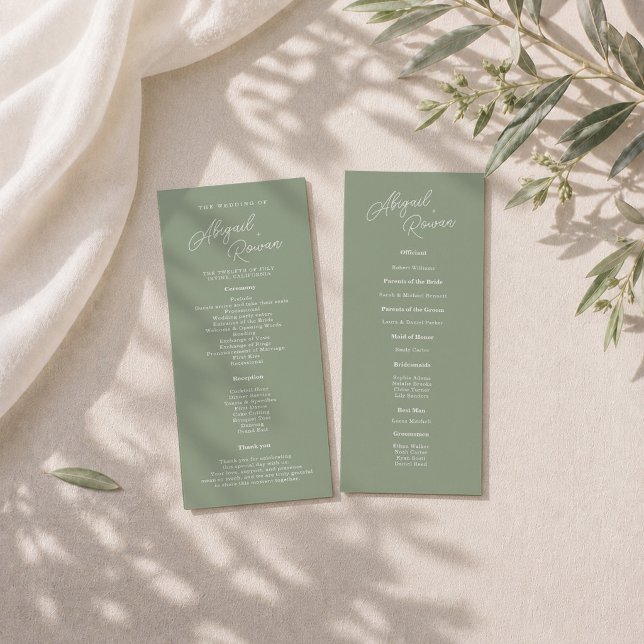 Salbeigrüne Minimalistische Hochzeitsprogrammkarte Einladung (Von Creator hochgeladen)