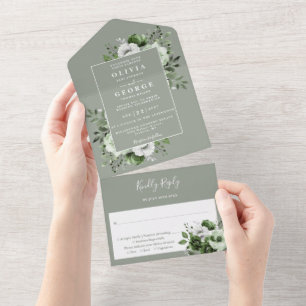 Salbeigrüne moderne botanische Blumenhochzeit All In One Einladung