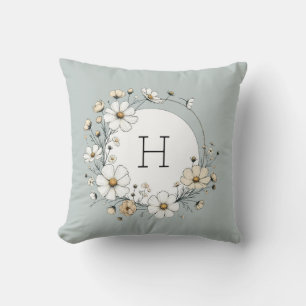 Salbeigrüne Monogramm Boho Blumen Personalisiert Kissen