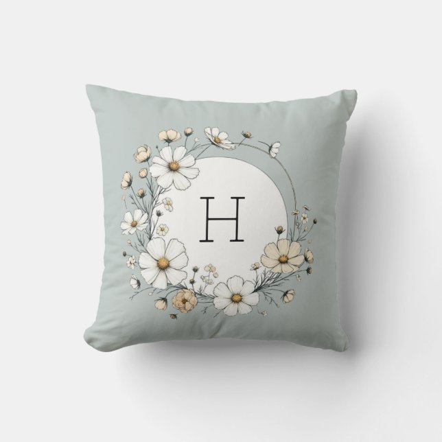 Salbeigrüne Monogramm Boho Blumen Personalisiert Kissen (Vorderseite)
