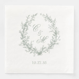 Salbeigrüne Monogramm Florale Kränze Hochzeit Serviette