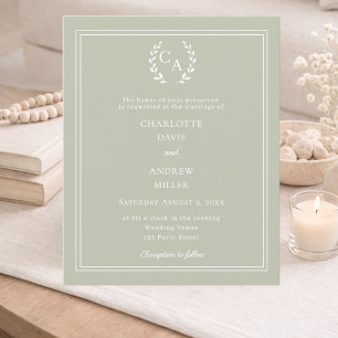 Salbeigrüne Monogramm-Kranz-Hochzeitseinladung